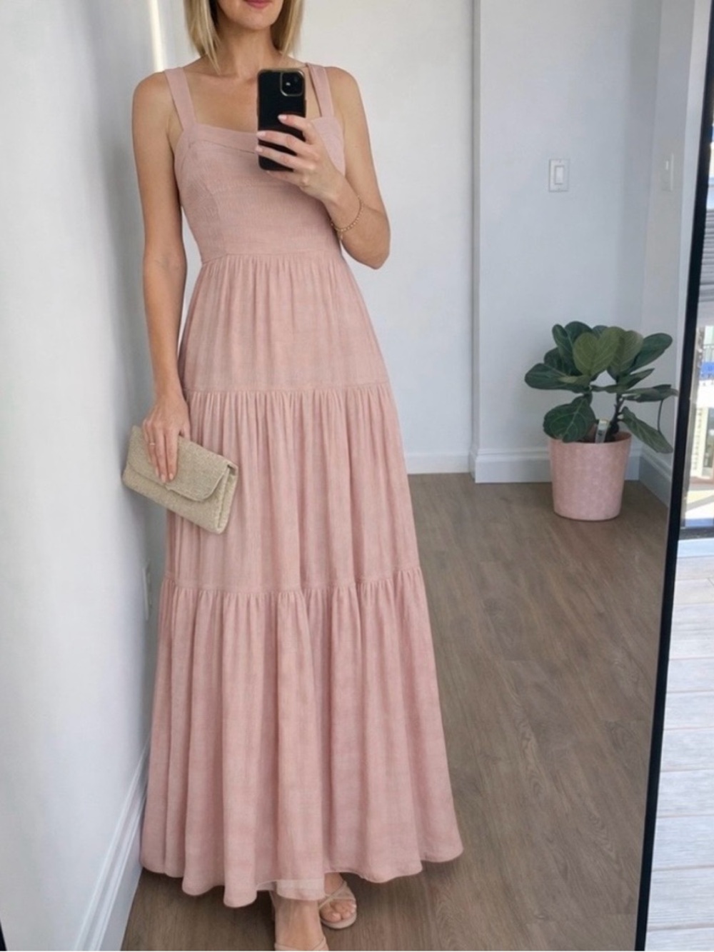 Jonathan Simkhai Celeste Smocked Tiered Maxi Dress Blush Pink XS 0